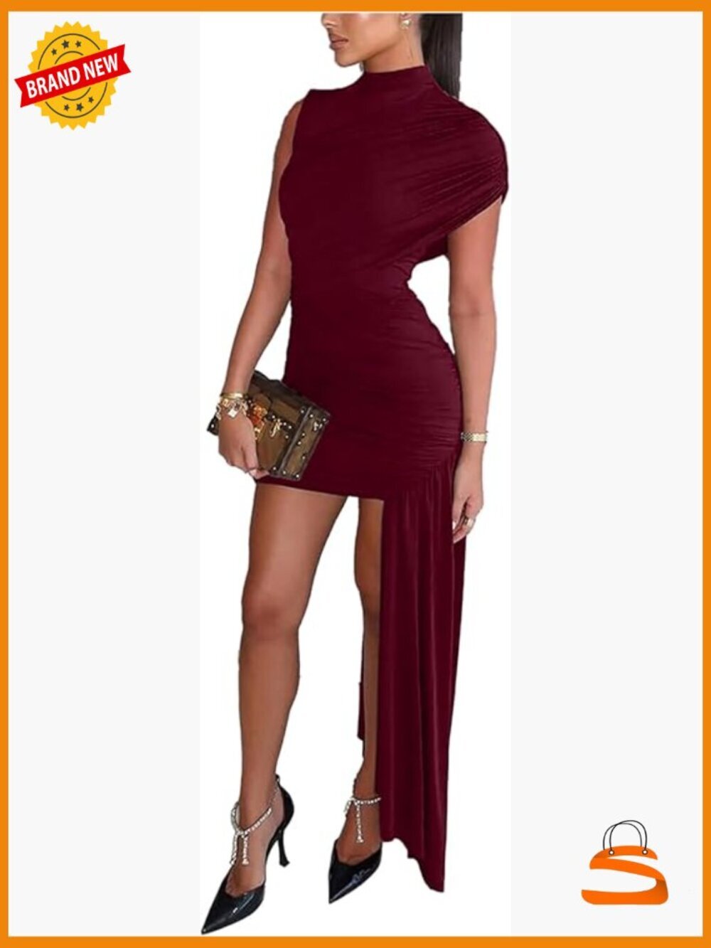 Asymmetrical Bodycon Mini Dress Ruched Mock Neck Cocktail Party